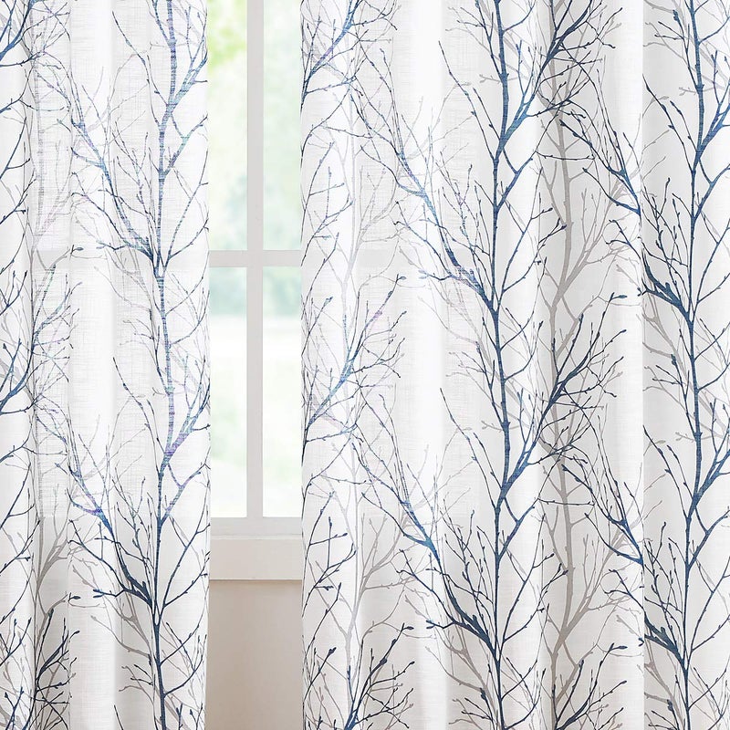 FMFUNCTEX Blue White Curtains 50" X 45" for Kitchen Living Room Tree Branch Print Wrinkle- Free Small Linen Texture Semi Sheer Window Panels for Bedroom 2 Panels, Grommet Top - Image 4